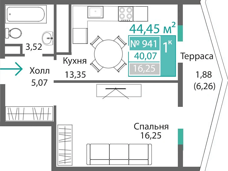 Квартира 1-комн. 40.07 кв.м