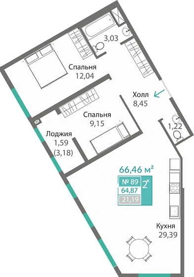 Квартира 2-комн. 64.87 кв.м