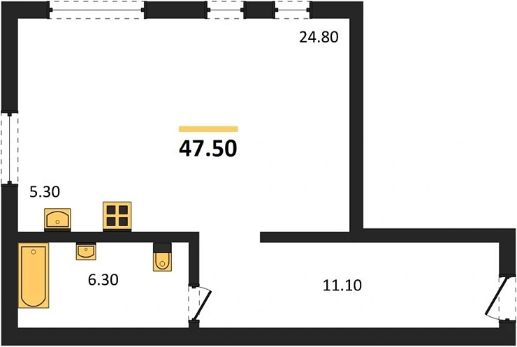 Квартира 1-комн. 47.5 кв. м