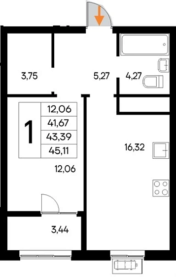 Квартира 1-комн. 45.11 кв. м