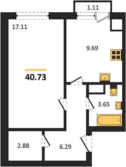 Квартира 1-комн. 40.73 кв. м