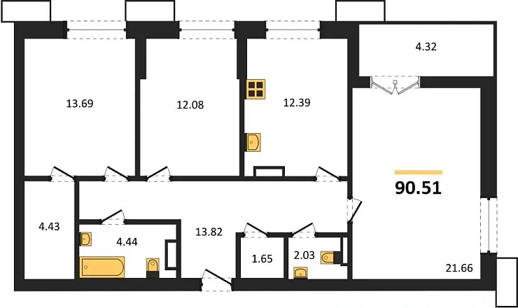 Квартира 3-комн. 90.51 кв. м