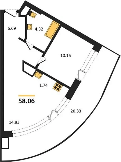Апартаменты 1-комн. 58.06 кв. м