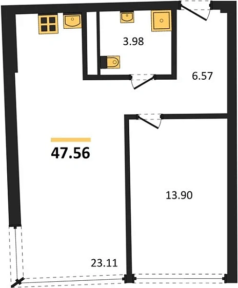 Апартаменты 1-комн. 47.56 кв. м