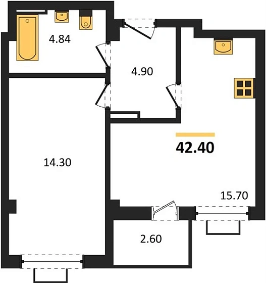 Квартира 1-комн. 42.4 кв. м