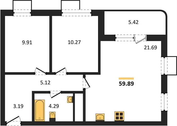 Квартира 2-комн. 59.89 кв. м