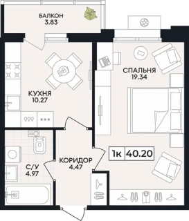 Квартира 1-комн. 40.2 кв. м