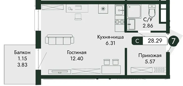 Квартира Студия 28.29 кв. м