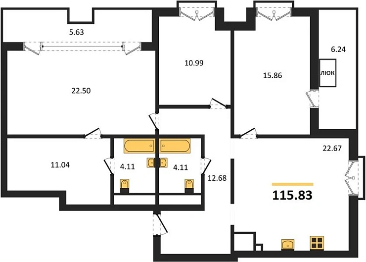 Квартира 3-комн. 115.83 кв. м