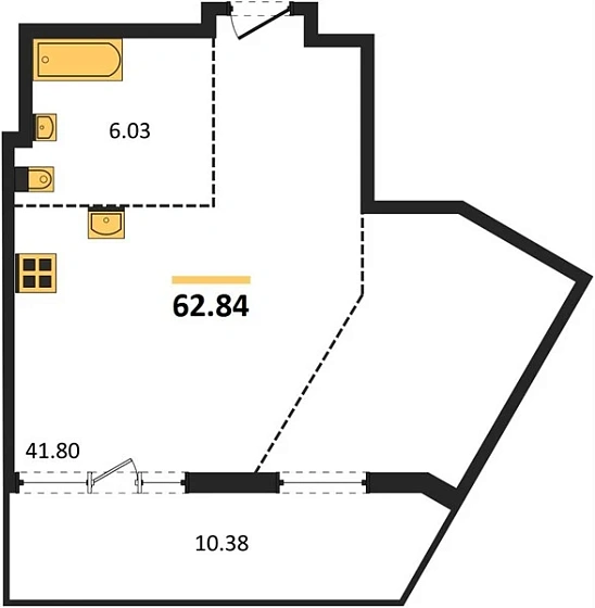 Квартира 1-комн. 62.84 кв. м