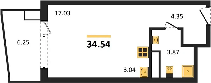 Апартаменты 1-комн. 34.54 кв. м