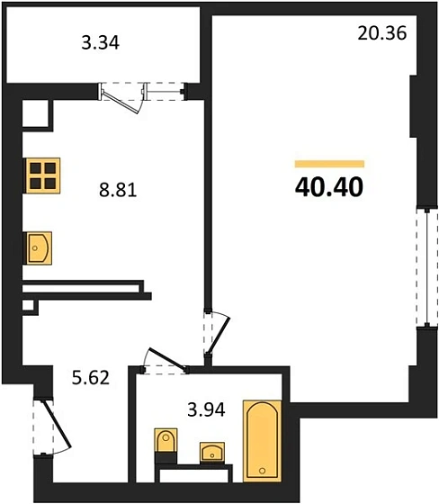 Квартира 1-комн. 40.4 кв. м