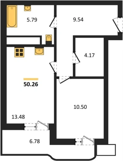 Квартира 1-комн. 50.26 кв. м