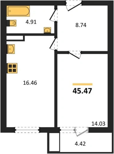 Квартира 1-комн. 45.47 кв. м