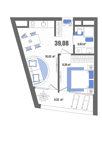 Апартаменты 1-комн. 39.08 кв. м