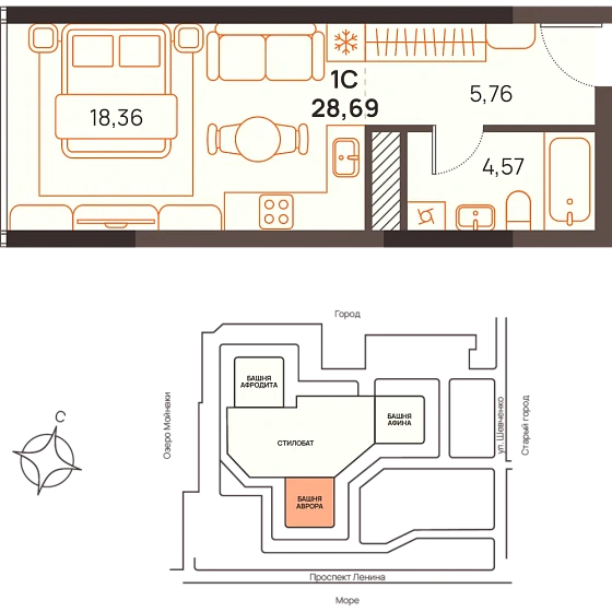 Квартира Студия 28.69 кв. м