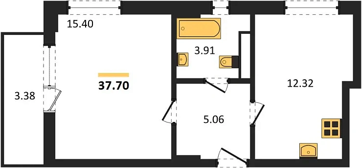 Квартира 1-комн. 37.7 кв. м