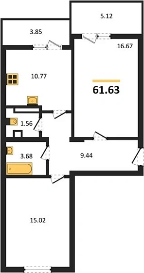 Квартира 2-комн. 61.63 кв. м