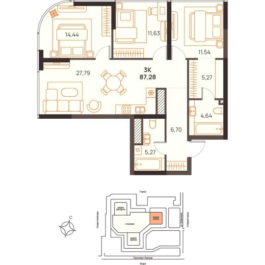 Квартира 3-комн. 87.28 кв. м