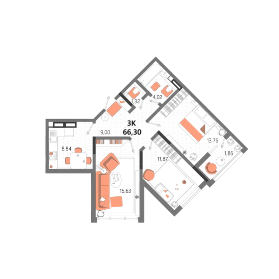Квартира 3-комн. 66.3 кв. м