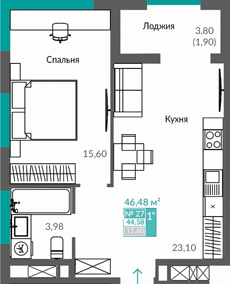 Квартира 1-комн. 44.58 кв.м