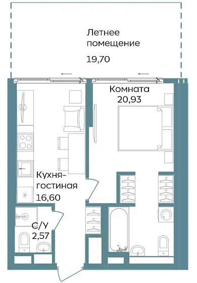 Апартаменты 2-комн. 59.8 кв. м