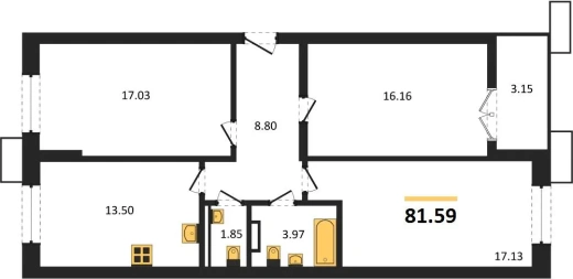 Квартира 3-комн. 81.59 кв. м