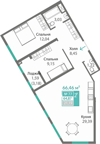 Квартира 2-комн. 64.87 кв.м