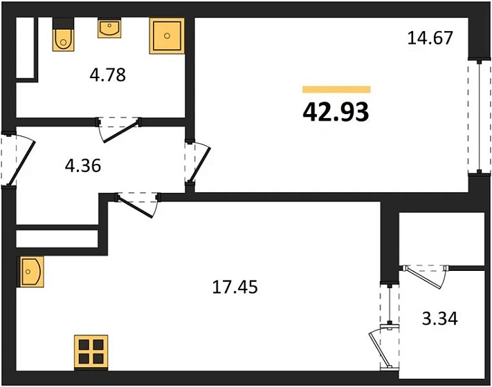 Квартира 1-комн. 42.93 кв. м