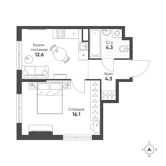 Квартира 1-комн. 37.3 кв. м