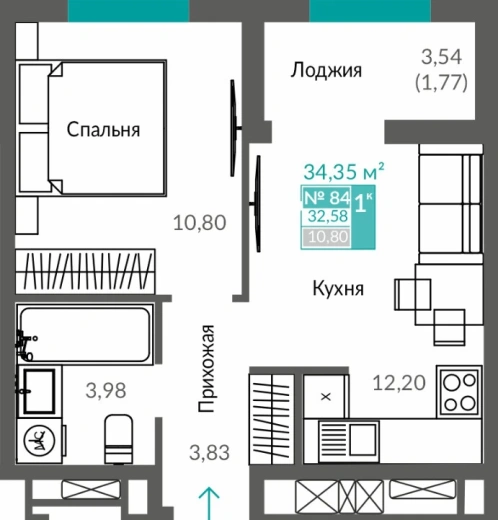 Квартира 1-комн. 32.58 кв.м