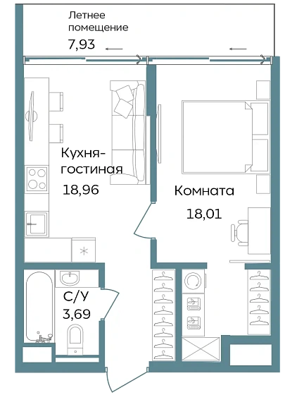 Апартаменты 2-комн. 48.59 кв. м