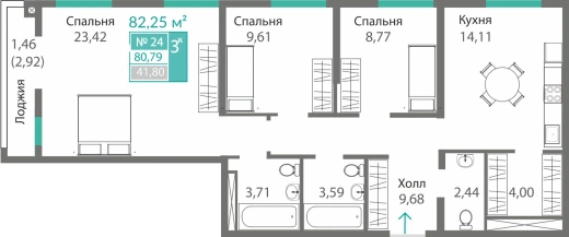 Квартира 3-комн. 80.79 кв.м
