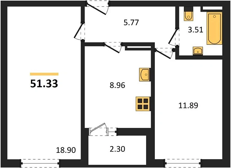 Квартира 2-комн. 51.33 кв. м