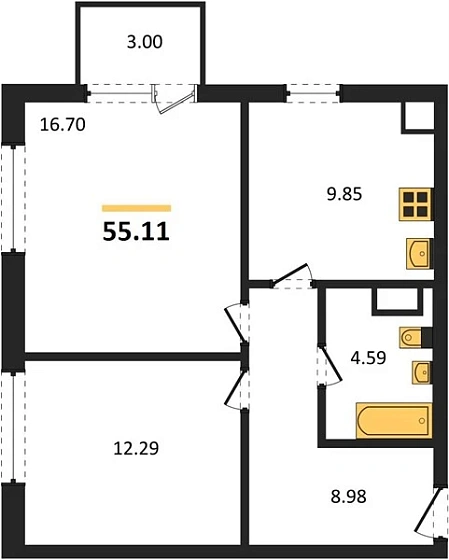 Квартира 2-комн. 55.11 кв. м
