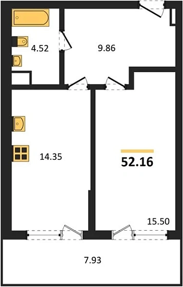 Апартаменты 1-комн. 52.16 кв. м