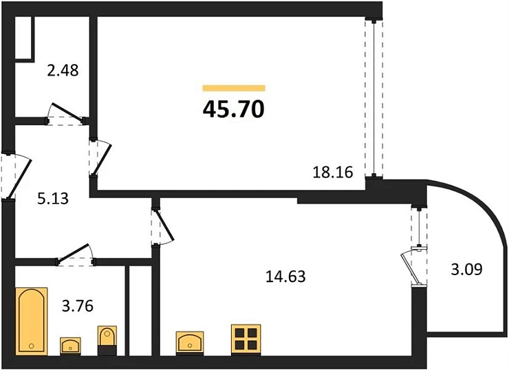 Квартира 1-комн. 45.7 кв. м