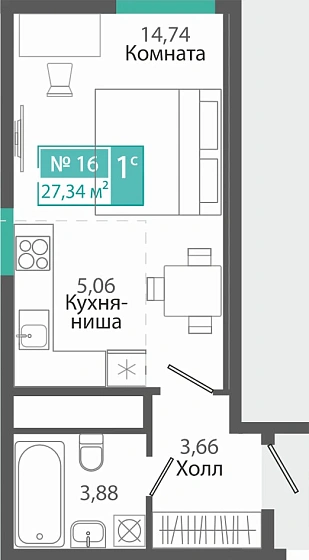 Квартира 1-комн. 27.34 кв.м