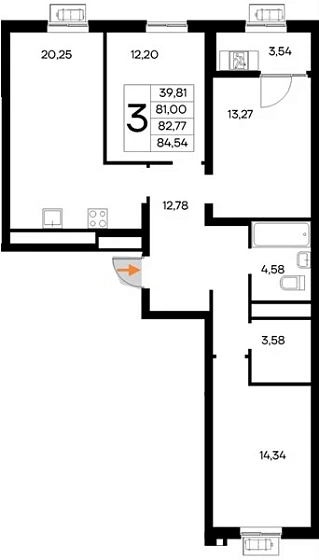 Квартира 3-комн. 84.54 кв. м