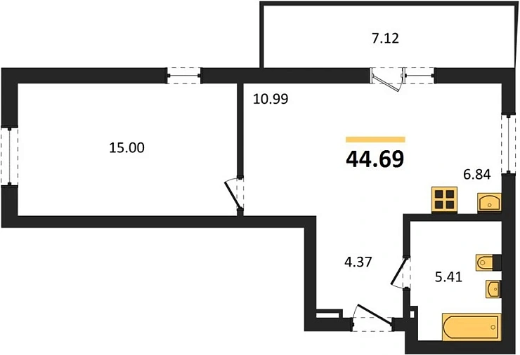 Квартира 1-комн. 44.69 кв. м