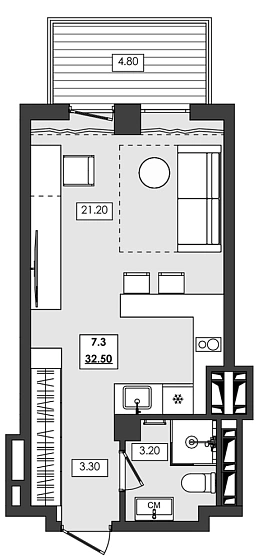 Апартаменты 1-комн. 32.5 кв. м