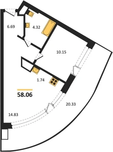 Апартаменты 1-комн. 58.06 кв. м