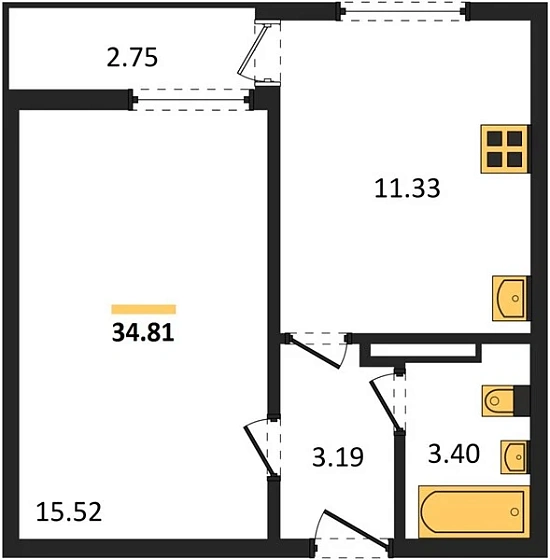Квартира 1-комн. 34.81 кв. м