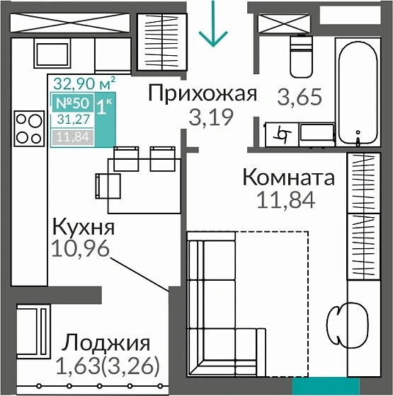Квартира 1-комн. 31.27 кв.м