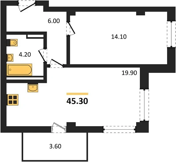 Квартира 1-комн. 44.2 кв. м