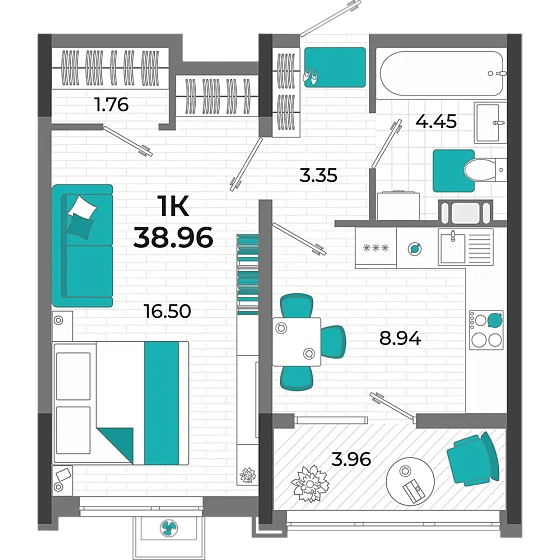 Квартира 1-комн. 38.96 кв. м