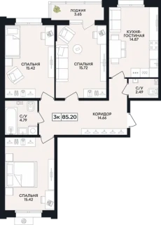 Квартира 3-комн. 85.2 кв. м