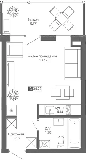 Апартаменты Студия 34.78 кв. м