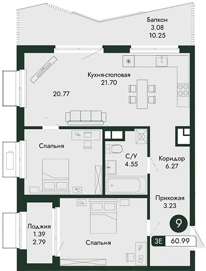 Квартира 2-комн. 60.99 кв. м