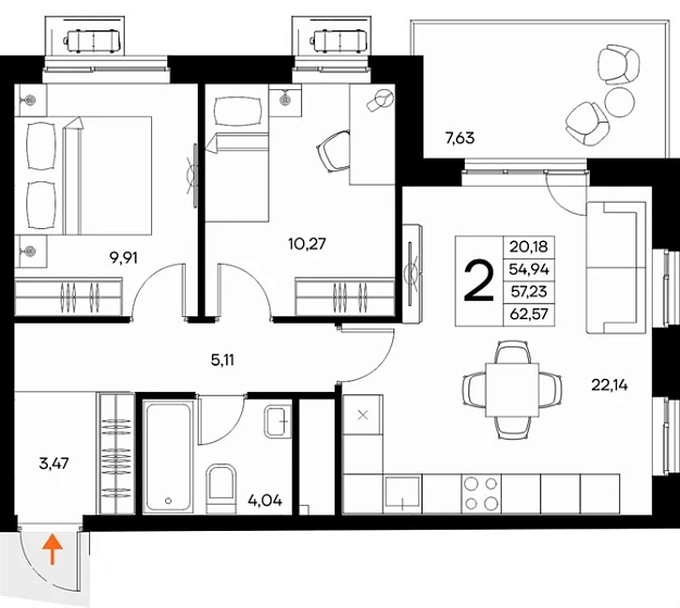 Квартира 2-комн. 62.57 кв. м